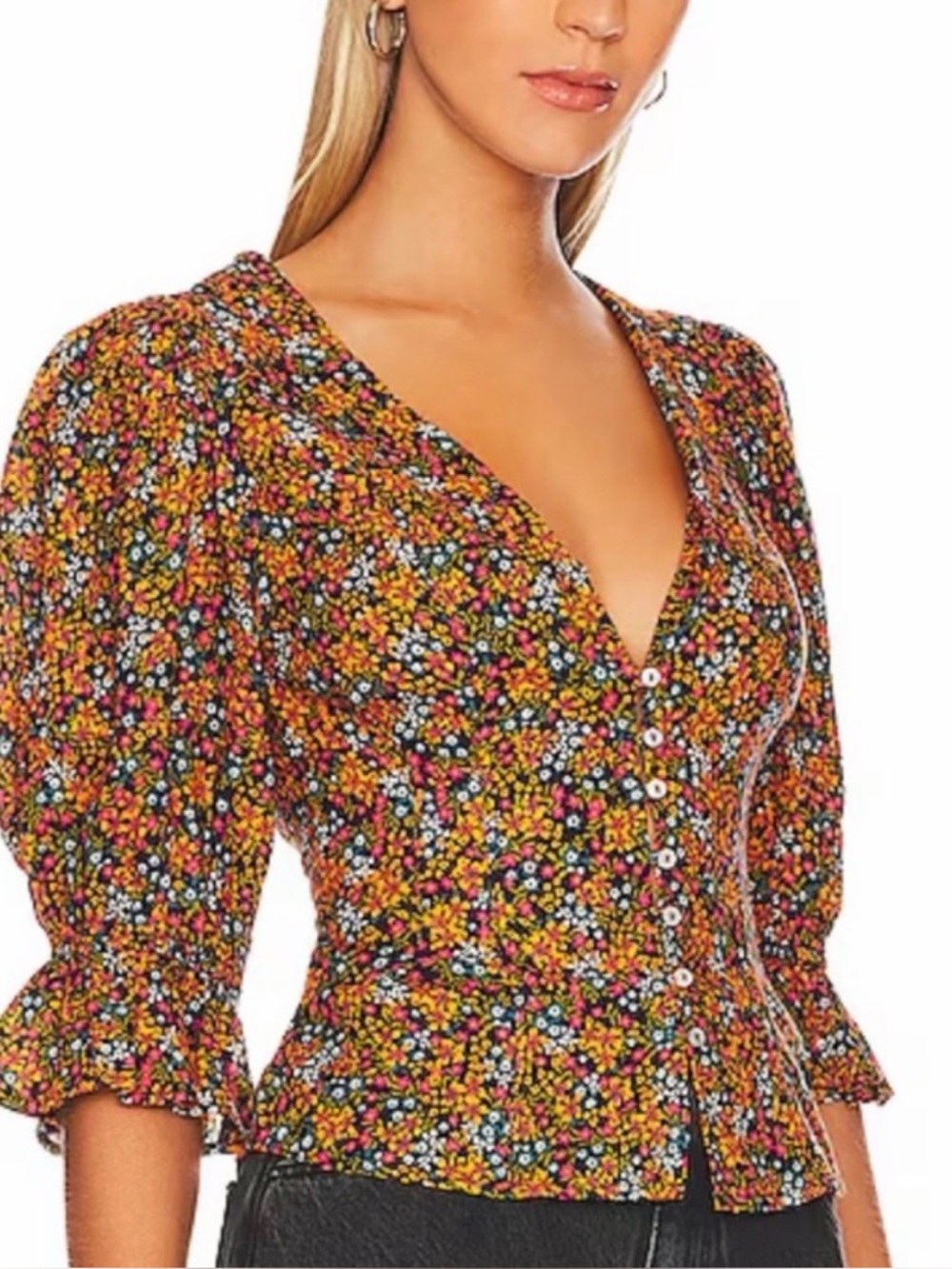 Free People Floral Puff Sleeve Blouse Romantic Cottagecore Top Size M